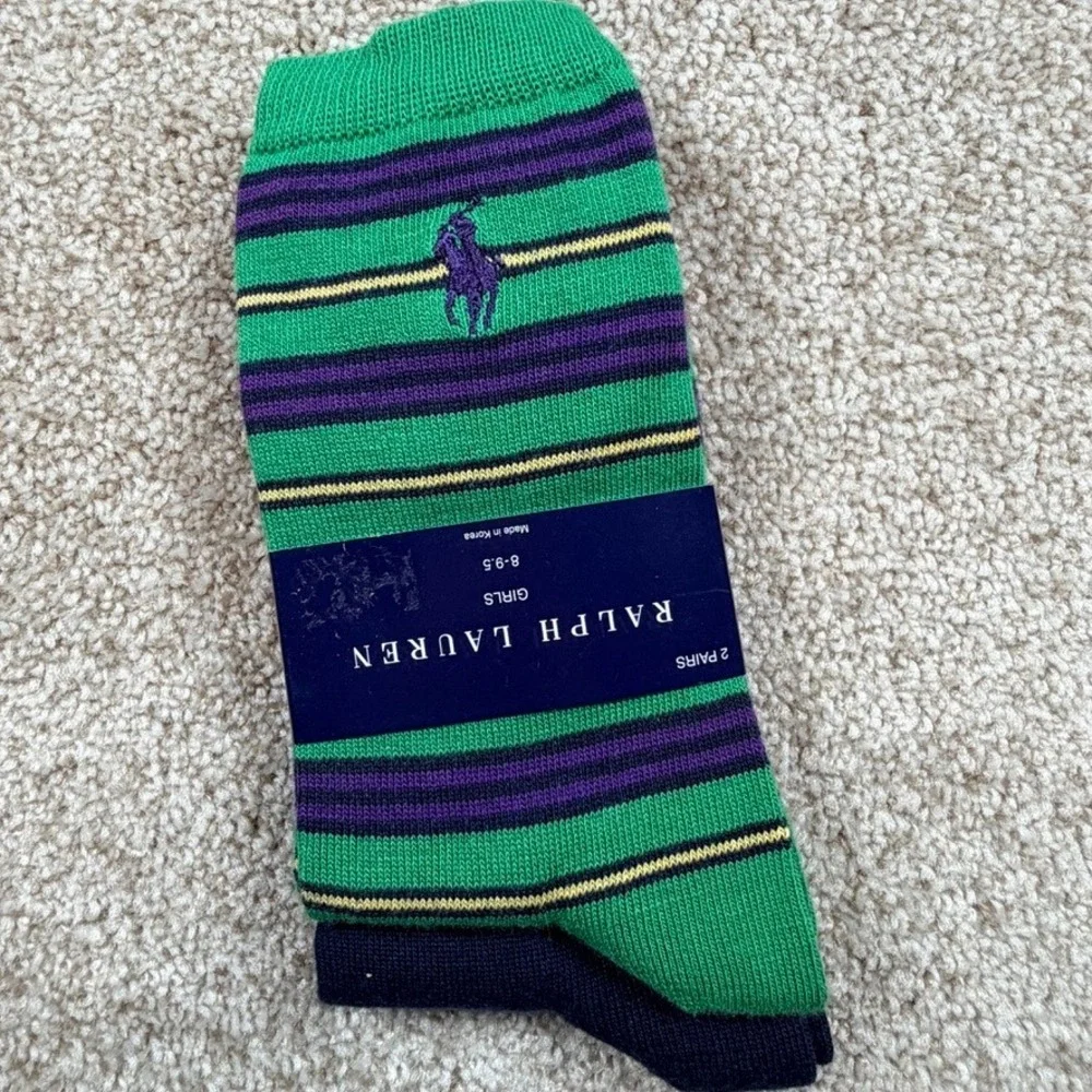 Ralph Lauren Girls 2 Pair Crew Socks Green Striped Navy Size 8-9.5 Shoe 13-3